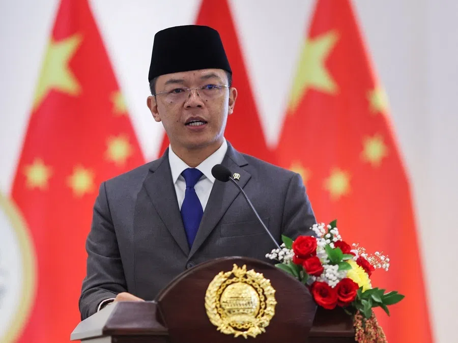 Then Indonesian Foreign Minister Sugiono speaks during a press conference after a meeting with China's Foreign Minister Wang Yi after their meeting at the Foreign Ministry in Jakarta, Indonesia, 21 August 2026.