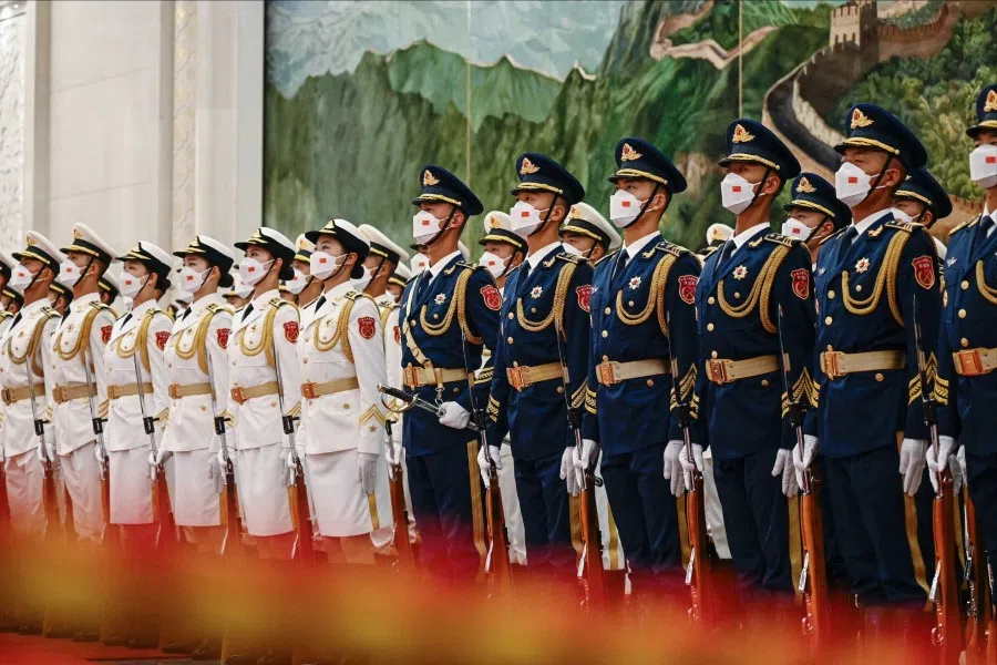Chinese honour guards prepare for the arrival of China's Premier Li Qiang and Mongolia's Prime Minister Luvsannamsrain Oyun-Erdene ahead of a welcoming ceremony at the Great Hall of the People in Beijing on 28 June 2023. (Jade Gao/AFP)