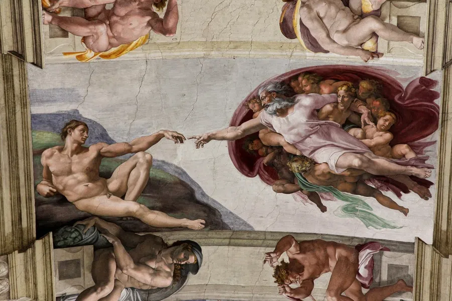 Michelangelo’s The Creation of Adam, a fresco located on the ceiling of the Sistine Chapel.  (Wikimedia)