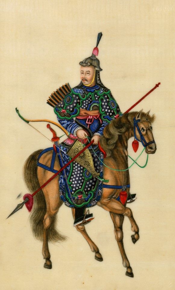 A 19th century Chinese pith painting for export sale, showing a Manchurian warrior. The borders of the Qing dynasty were one of the largest in China's history.
