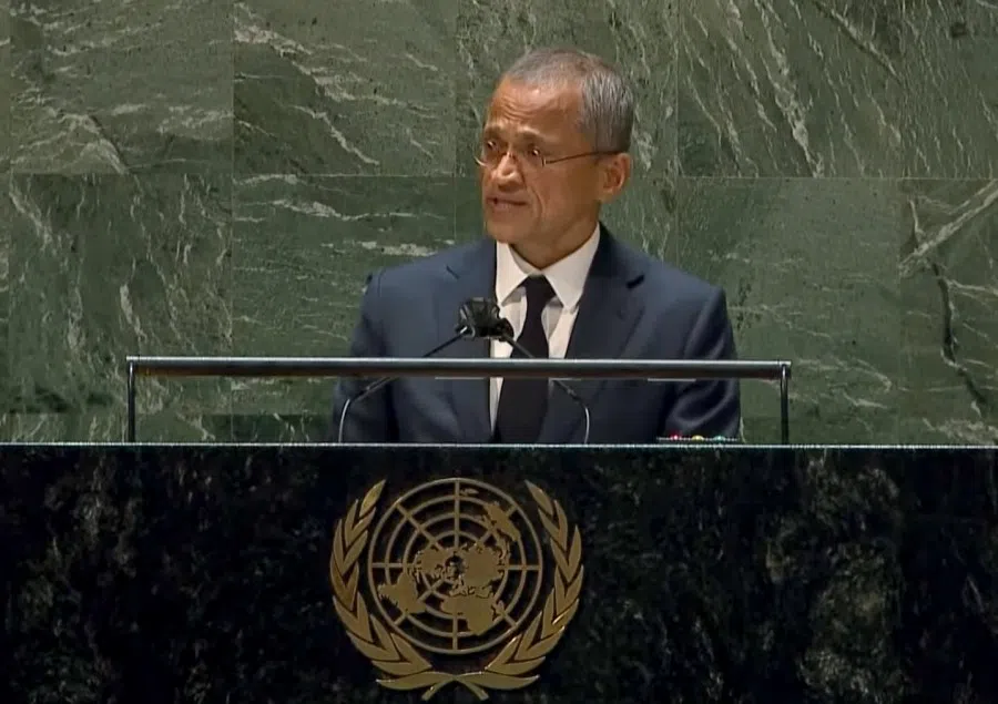 Burhan Gafoor, Singapore's Permanent Representative to the United Nations, speaking during a rare emergency special session of the UN General Assembly in New York as the global body's 193 members held an extraordinary debate on a resolution demanding that Russia immediately withdraw its troops from Ukraine, 28 February 2022. (Screengrab/UN YouTube)