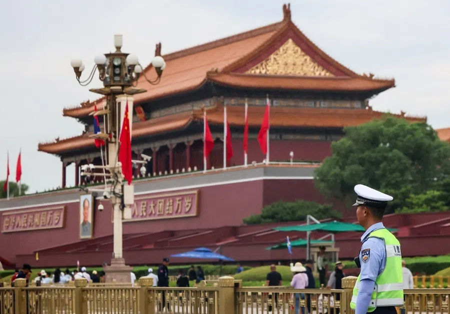 A police officer guards next to the Tiananmen Gate in Beijing, China, on 4 June 2026.