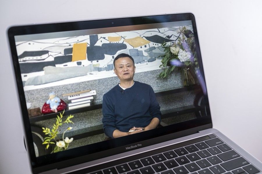 A video recording of a livestream of Jack Ma, co-founder of Alibaba Group Holding Ltd., on a laptop computer in Hong Kong, 20 January 2021. Ma has resurfaced after months out of public view that fueled intense speculation about the plight of the billionaire grappling with escalating scrutiny over his internet empire. (Justin Chin/Bloomberg)