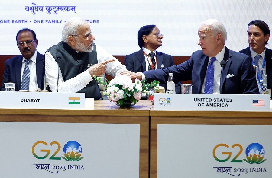 US President Joe Biden and Indian Prime Minister Narendra Modi attend Partnership for Global Infrastructure and Investment event on the day of the G20 summit in New Delhi, India, 9 September 92023. (Evelyn Hockstein/Reuters)