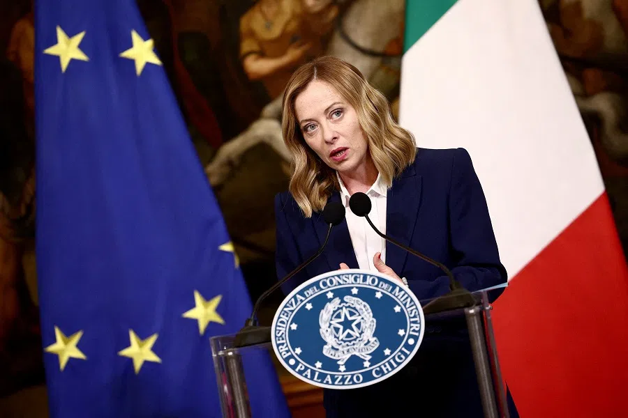 Italian Prime Minister Giorgia Meloni makes a statement following her meeting with Hungarian Prime Minister Viktor Orban at Palazzo Chigi, Rome, Italy, on 24 June 2024. (Guglielmo Mangiapane/Reuters)