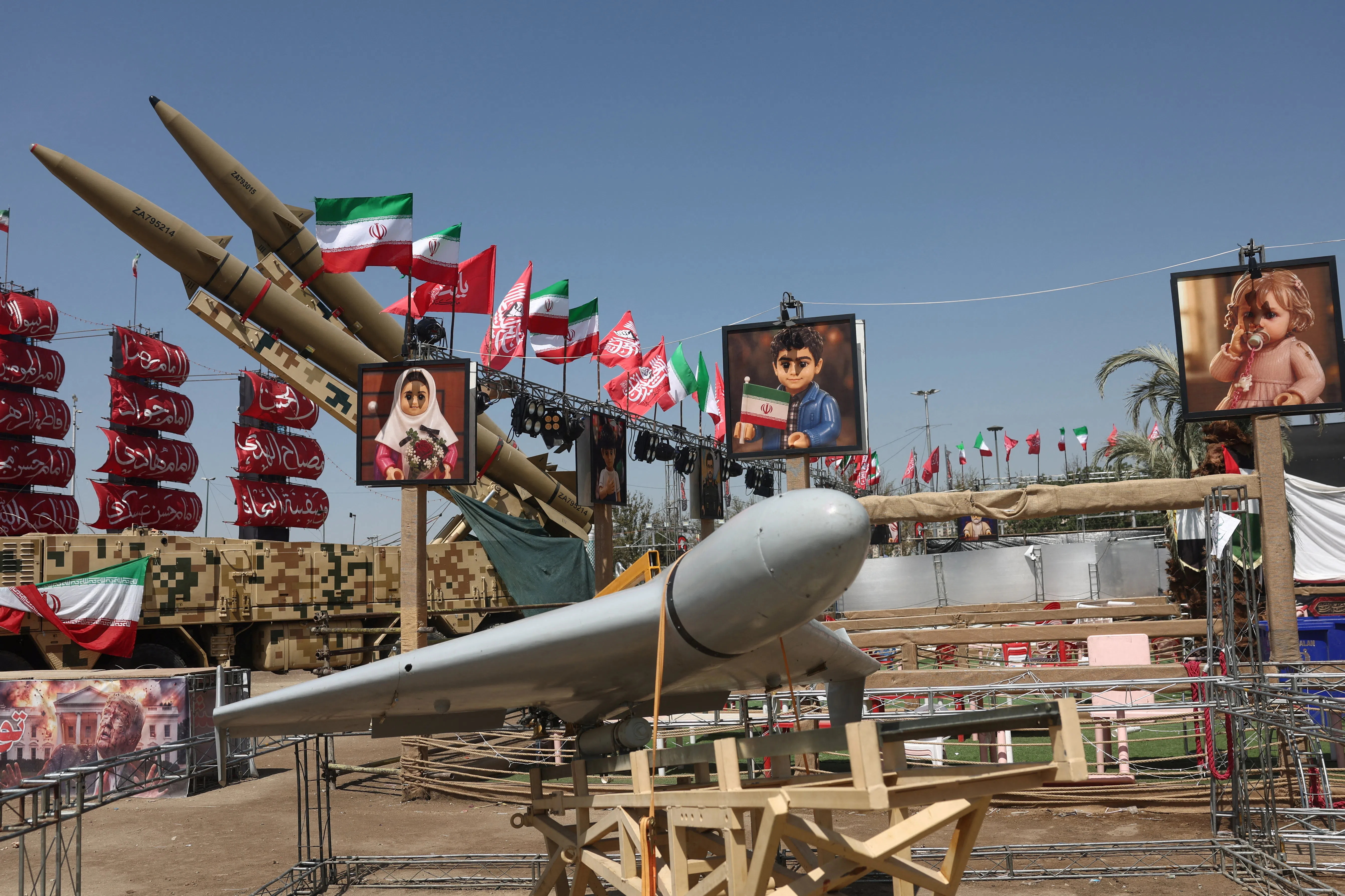 An Iranian drone and an Iranian missile system are displayed in Azadi Square in Tehran, Iran, on 30 July 2026.
