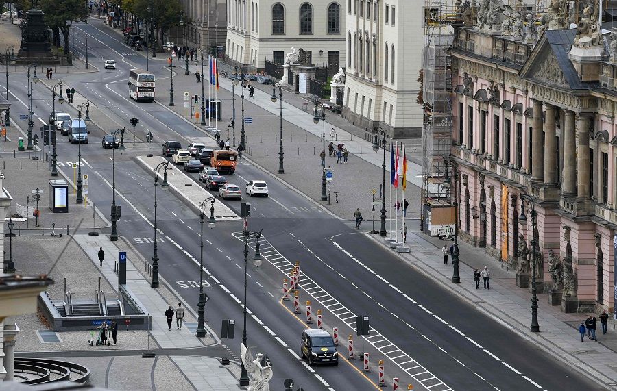 A photo taken on 17 October 2021 from the roof terrace of The Humboldt Forum in the centre of the German capital Berlin shows road traffic along the Unter den Linden boulevard. (Christof Stache/AFP)