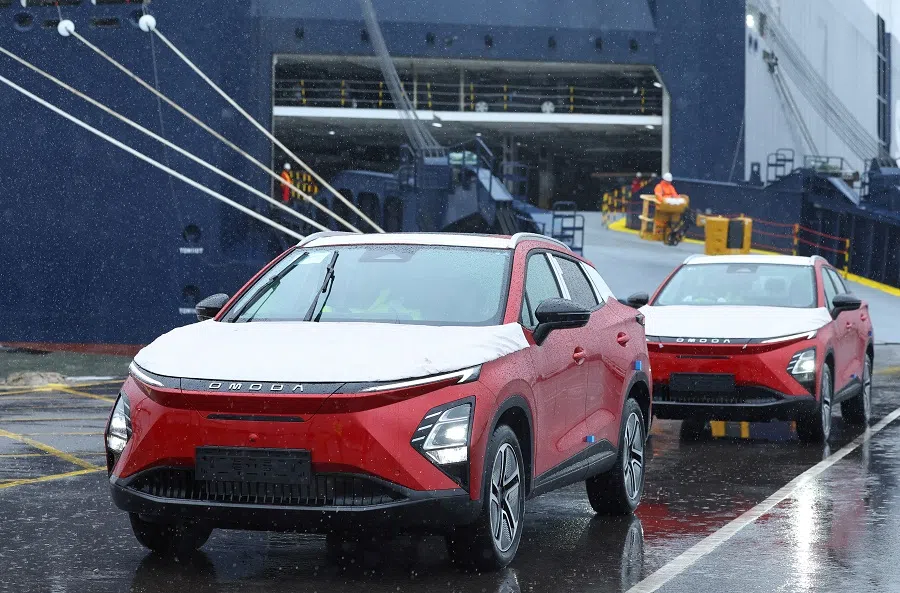 Omoda E5 electric cars manufactured by Chinese automaker Chery are unloaded from a cargo ship at the Royal Portbury Dock, near Bristol, southwest Britain, on 5 September 2024. (Toby Melville/Reuters)