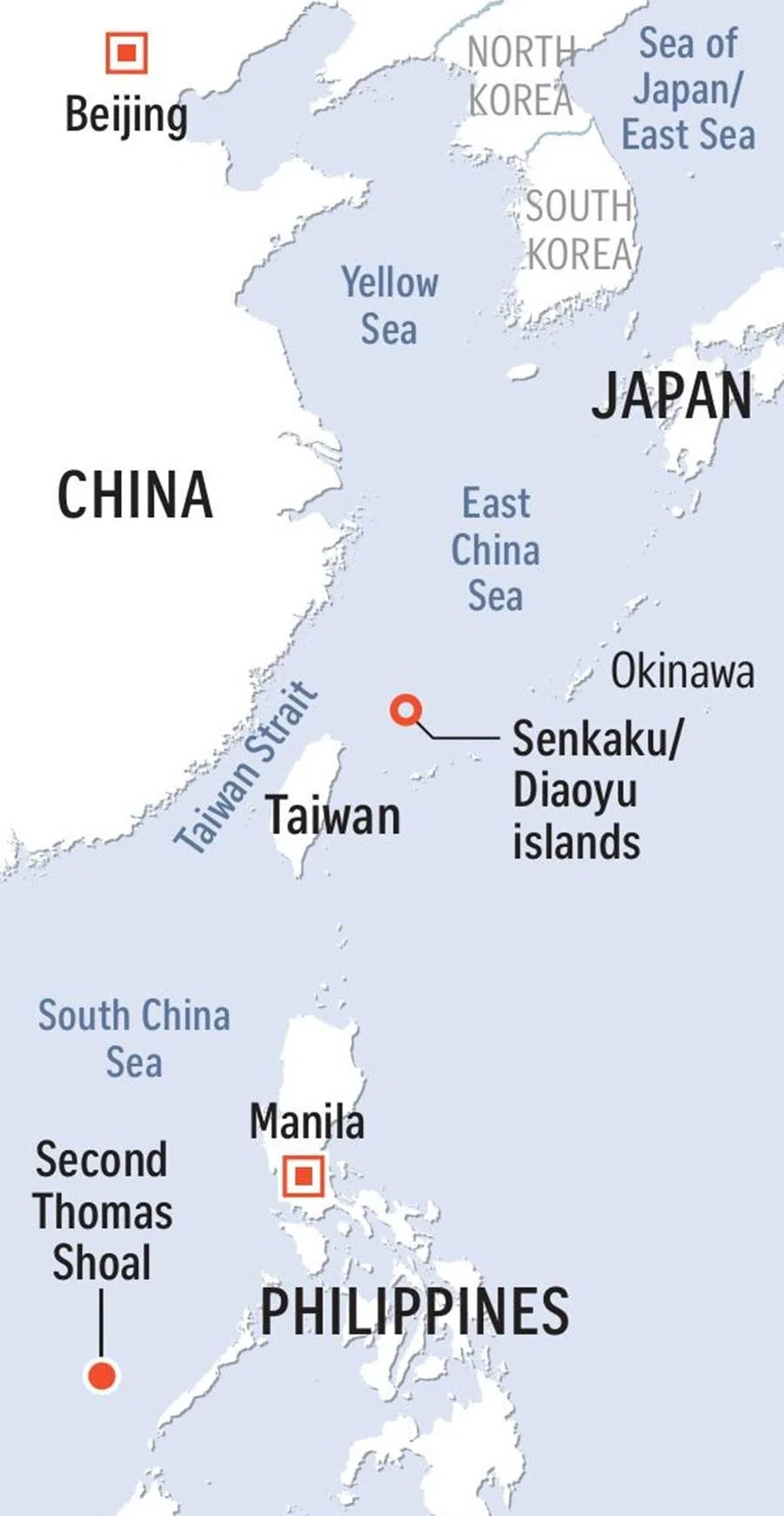 The location of the East China Sea, the Taiwan Strait and the South China Sea.