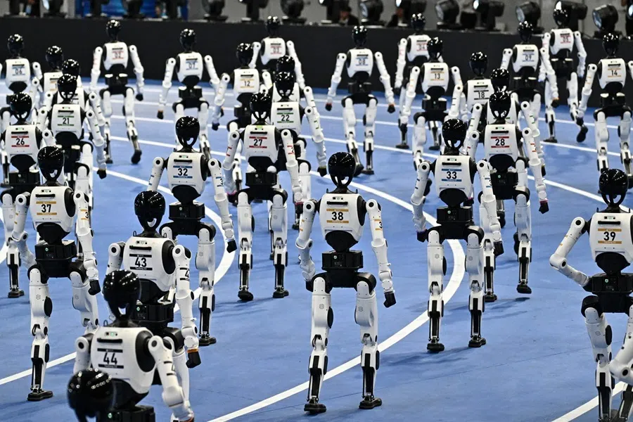 Humanoid robots take part in the opening ceremony of the 2nd World Humanoid Robot Games in Beijing on 22 August 2026.