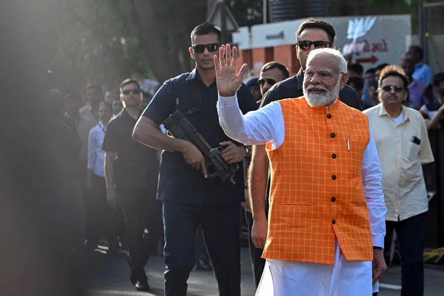 Narendra Modi, India’s prime minister, arrives a polling station during the third phase of voting for national elections in Ahmedabad, Gujarat, India, on 7 May 2024.