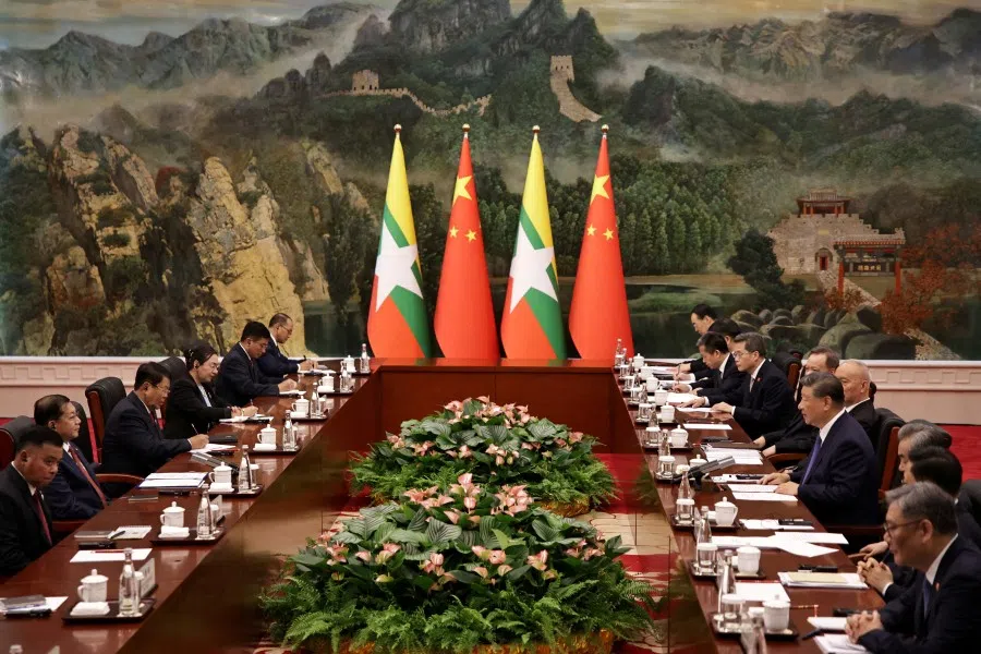 China’s President Xi Jinping (fourth from right) speaks during a bilateral meeting with Myanmar’s military chief, Senior General Min Aung Hlaing (second from left), ahead of the Shanghai Cooperation Organisation (SCO) Summit 2025, in the Guest House of Tianjin, China, on 30 August 2025.