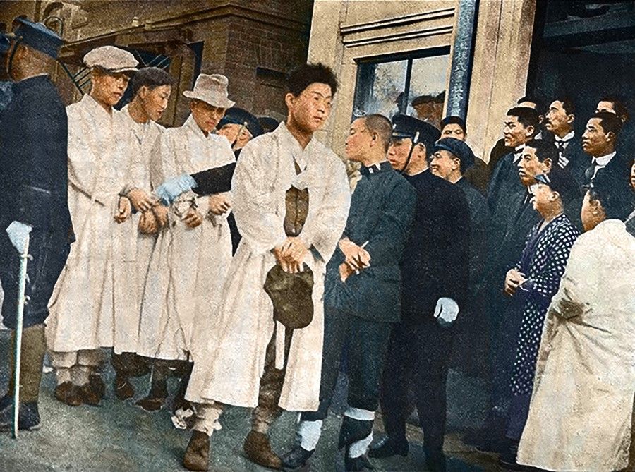 In 1919, the March 1st Movement broke out in Korea. The photo shows Korean students arrested and tied up. The movement sparked a long fight in Korean democracy breaking free of Japanese colonialism.