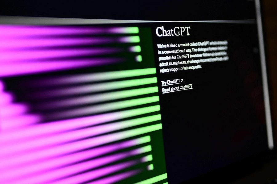 A photo taken on 31 March 2023 in Manta, near Turin, shows a computer screen with the home page of the artificial intelligence OpenAI web site, displaying its ChatGPT robot. (Marco Bertorello/AFP)