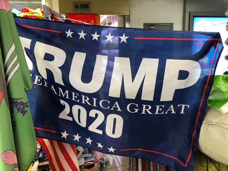 A Trump banner sold in a shop in the Yiwu International Trade Market.