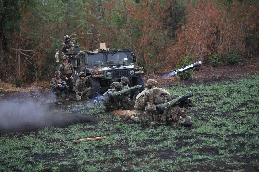 A Philippine soldier fires a Javelin anti-tank weapon system during the live exercise as part of the US-Philippines joint military exercise "Balikatan" at Fort Magsaysay in Nueva Ecija province, north of Manila on 13 April 2023. (Ted Aljibe/AFP)