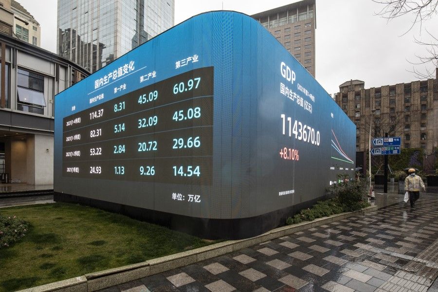A public screen displays GDP figures in Shanghai, China, on 7 February 2022. (Qilai Shen/Bloomberg)