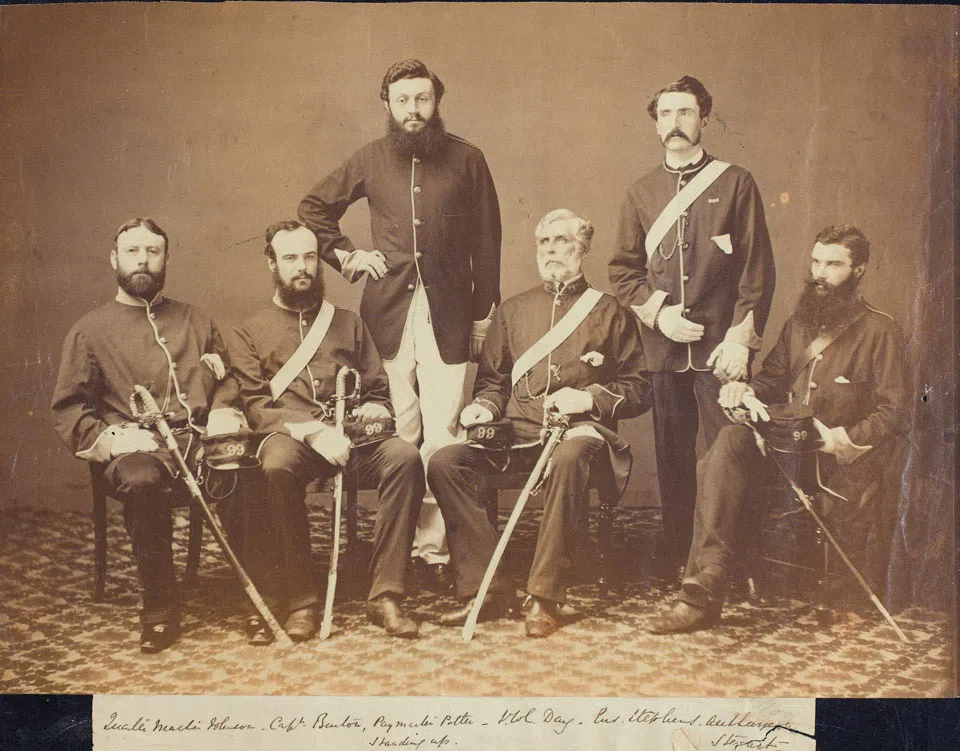 Officers of the 99th (Duke of Edinburgh's) Regiment of Foot, 1860 (c). Photograph by Felice Beato, 1860 (c). In 1860, the 99th were serving in India when they were called on to move to China to take part in the Second Opium War, going on to be present at the sack of Peking. (Internet/National Army Museum)