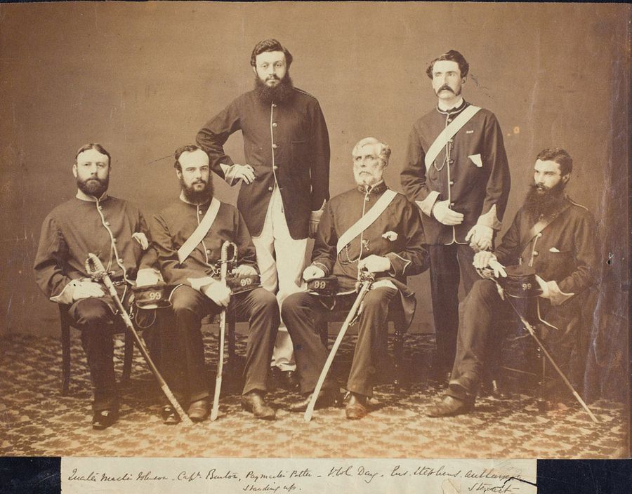 Officers of the 99th (Duke of Edinburgh's) Regiment of Foot, 1860 (c). Photograph by Felice Beato, 1860 (c). In 1860, the 99th were serving in India when they were called on to move to China to take part in the Second Opium War, going on to be present at the sack of Peking. (Internet/National Army Museum)