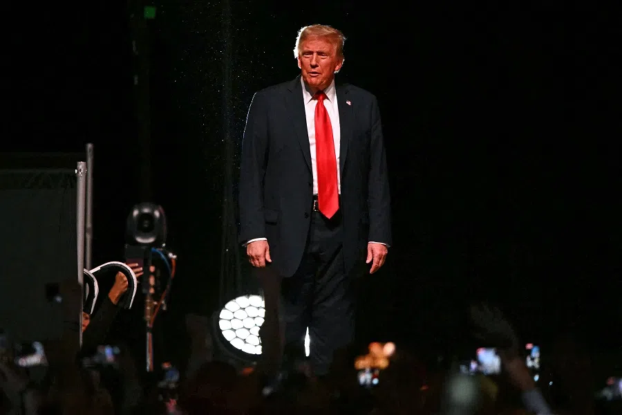 A shot of former US President and Republican presidential candidate Donald Trump at Desert Diamond Arena in Glendale, Arizona, on 31 October 2024. (Patrick T. Fallon/AFP)