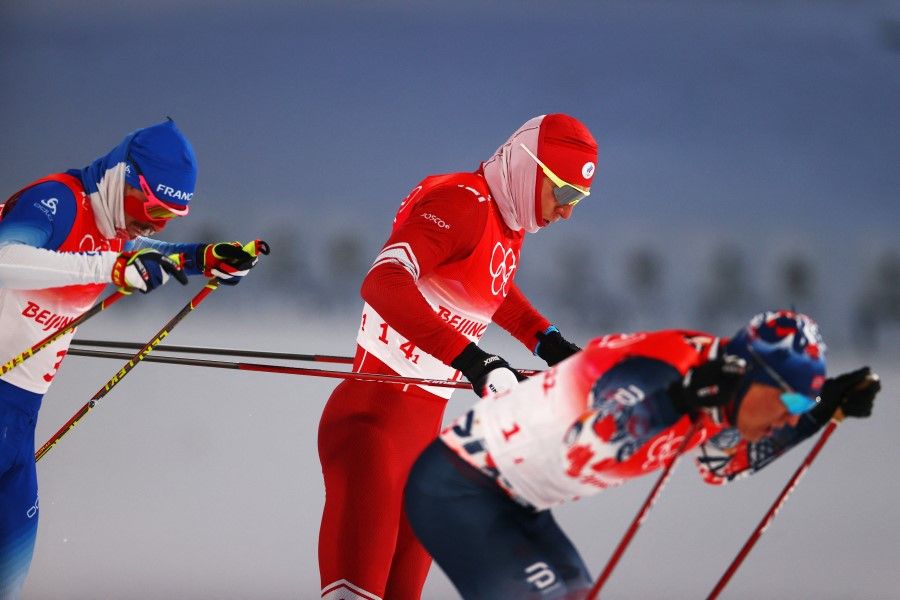 Competitors in a cross-country skiing event at the 2022 Beijing Winter Olympics, National Cross-Country Centre, Zhangjiakou, China, 16 February 2022. (Lindsey Wasson/Reuters)