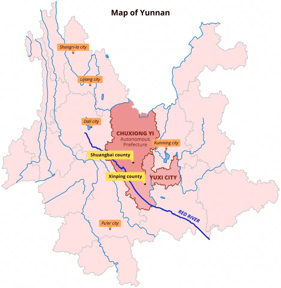 The location of Shuangbai county and Xinping county in China's Yunnan province, the main habitats of China's green peacocks. (Image: Jace Yip)