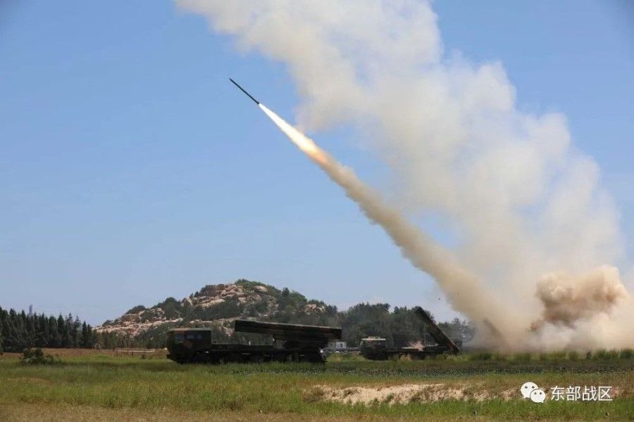 The Ground Force under the Eastern Theater Command of China's People's Liberation Army (PLA) conducts a long-range live-fire drill into the Taiwan Strait, from an undisclosed location in this 4 August 2022 handout released on 5 August 2022. (Eastern Theater Command/Handout via Reuters)