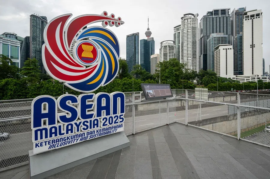 The logo of the Association of Southeast Asian Nations (ASEAN) is pictured ahead of the 47th ASEAN Summit in Kuala Lumpur on 23 October 2025. (Mohd Rasfan/AFP)