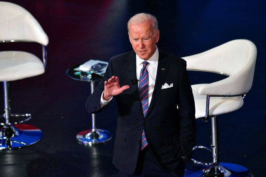 US President Joe Biden participates in a CNN town hall at Baltimore Center Stage in Baltimore, Maryland on 21 October 2021. (Nicholas Kamm/AFP)