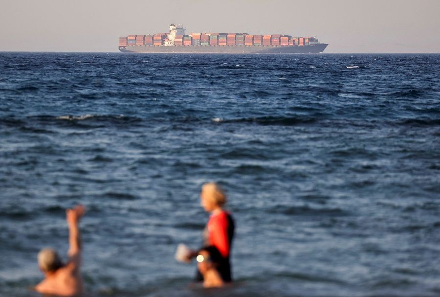A container ship crosses the Gulf of Suez towards the Red Sea before entering the Suez Canal, in Al-'Ain al-Sokhna, in Suez, Egypt, on 30 July 2023. (Mohamed Abd El Ghany/Reuters)