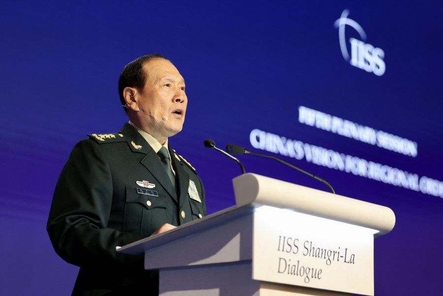 General Wei Fenghe, China's State Councilor and Minister of National Defense, speaks during the fifth plenary session of the Shangri-La Dialogue, 12 June 2022. (SPH Media)