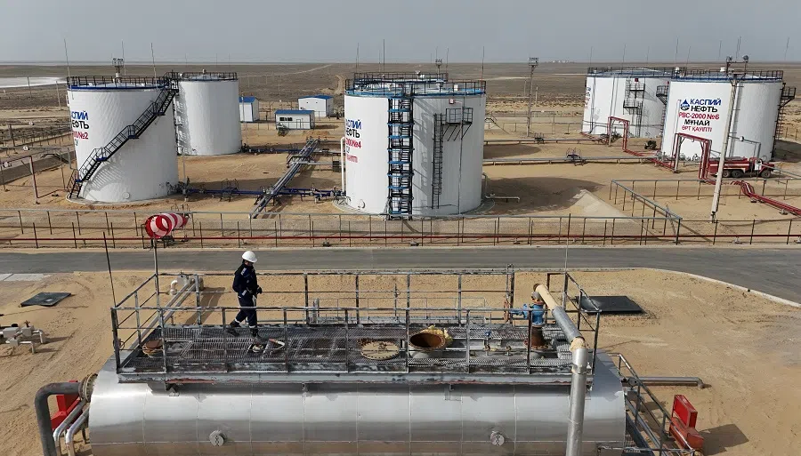 A drone view shows storage tanks at the Airankol oil field operated by Caspiy Neft in the Atyrau Region, Kazakhstan, on 1 April 2025. (Pavel Mikheyev//Reuters)