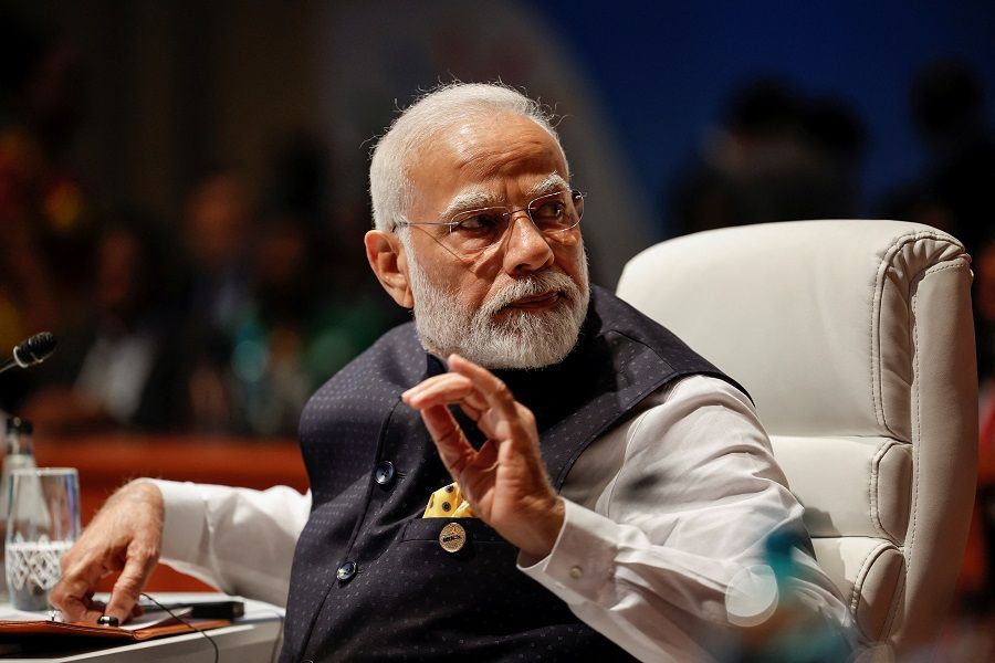 Indian Prime Minister Narendra Modi gestures at the plenary session during the 2023 BRICS Summit in Johannesburg, South Africa,on 23 August 2023. (Gianluigi Guercia/Pool via Reuters)