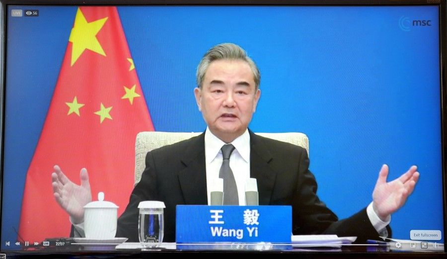 Chinese State Councilor and Foreign Minister Wang Yi speaking at the Munich Security Conference, 25 May 2021. (CNS)