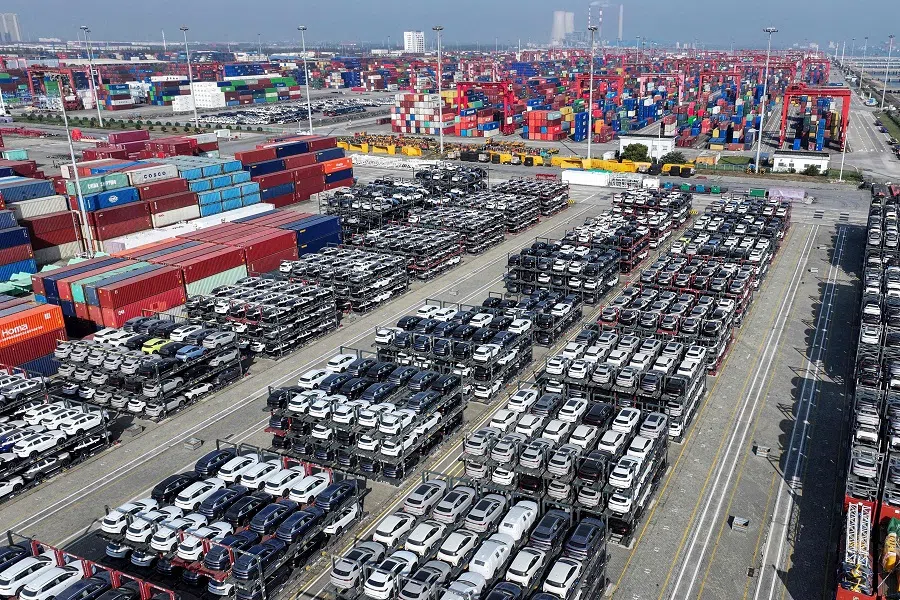 BYD electric cars and other car brands for export are stacked at the Taicang port in Suzhou, Jiangsu province, China, on 7 April 2025. (AFP)