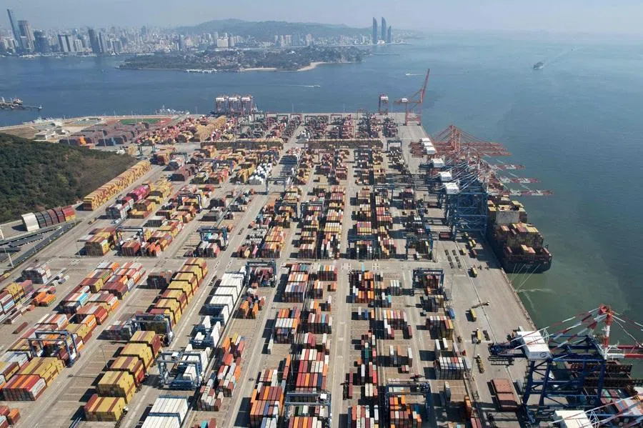 An aerial picture taken on 14 January 2026 shows Songyu Container Terminal in Xiamen, Fujian province, China. (AFP)
