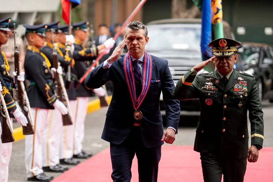 US Defence Secretary Pete Hegseth and Chief of Staff of the Armed Forces of the Philippines Romeo Brawner Jr during their arrival at Camp Aguinaldo, in Quezon City, Metro Manila, Philippines, on 28 March 2025.