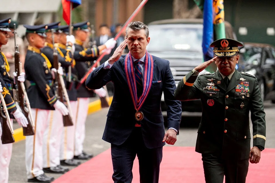 US Defence Secretary Pete Hegseth and Chief of Staff of the Armed Forces of the Philippines Romeo Brawner Jr during their arrival at Camp Aguinaldo, in Quezon City, Metro Manila, Philippines, on 28 March 2025. (Lisa Marie David/Reuters)