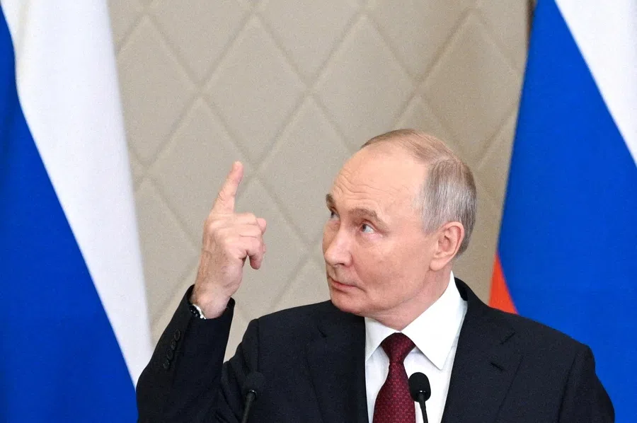 Russian President Vladimir Putin gestures during a press conference following the Collective Security Treaty Organisation (CSTO) summit in Astana, Kazakhstan, on 28 November 2024. (Sputnik/Ramil Sitdikov/Kremlin via Reuters)