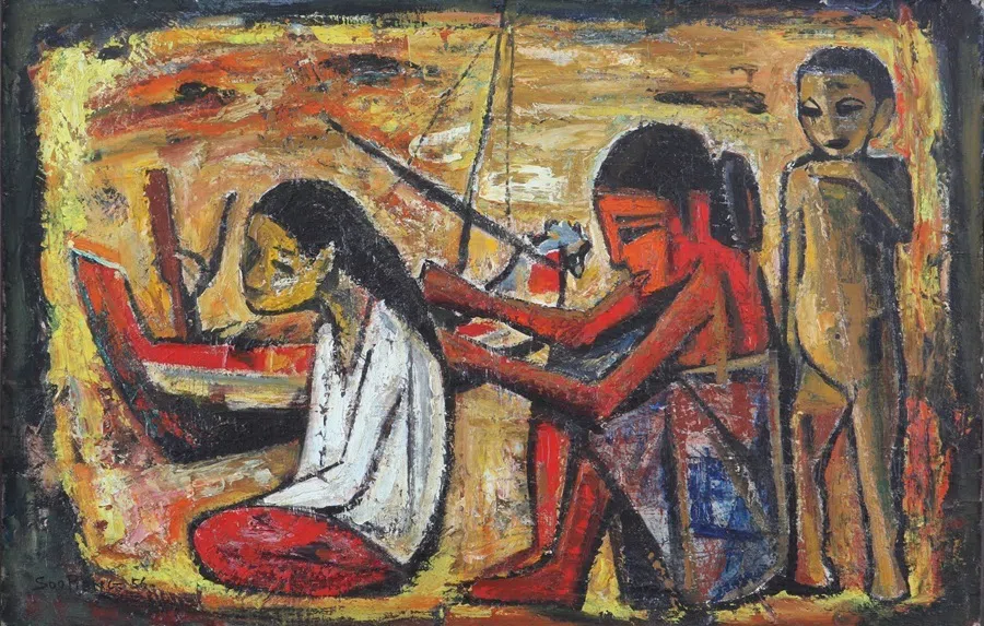 Cheong Soo Pieng, Motherly Love, Oil on board, 45 x 69.5 cm.