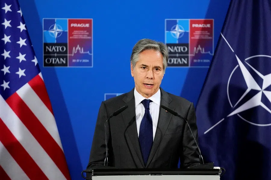 US Secretary of State Antony Blinken speaks during a media conference after a meeting of NATO foreign ministers at the Czernin Palace, in Prague, Czech Republic, on 31 May 2024.  (Peter David Josek/Reuters)