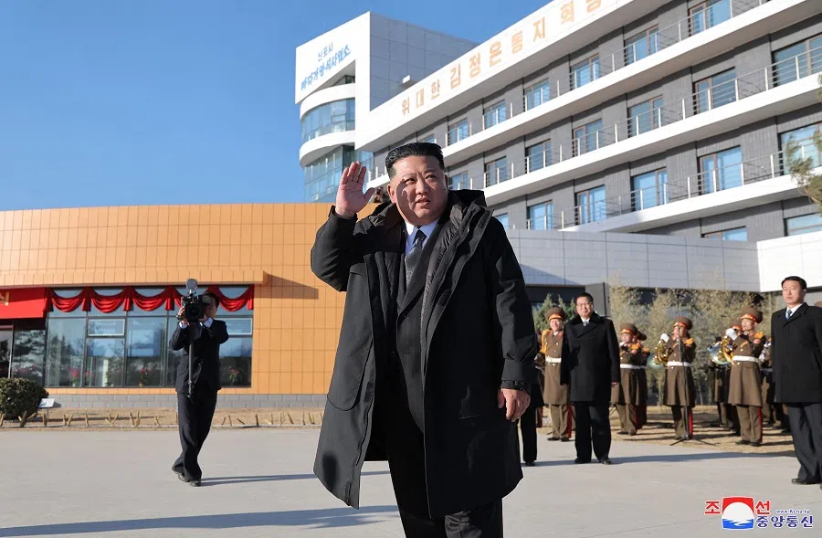This picture taken on 28 December 2024 and released from North Korea’s official Korean Central News Agency (KCNA) via KNS on 30 December 2024 shows North Korea’s leader Kim Jong Un attending the completion ceremony of the Sinpo City Shallow Sea Aquaculture Plant in South Hamgyong Province.