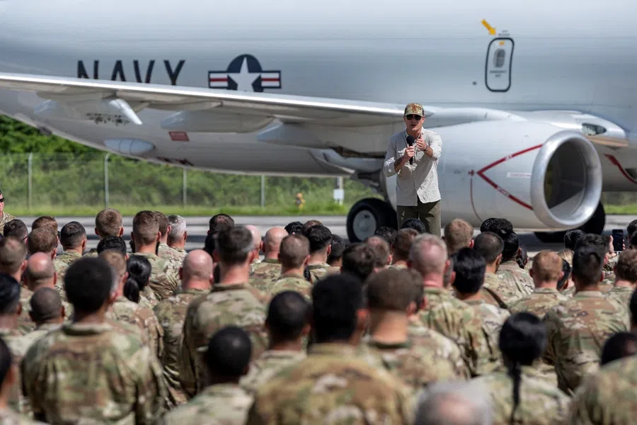 US Secretary of Defense Pete Hegseth speaks to personnel at Muniz Air National Guard Base, in Carolina, Puerto Rico, on 8 September 2025. (US Air National Guard/Senior Airman Gisselle Toro Caraballo/Handout via Reuters)