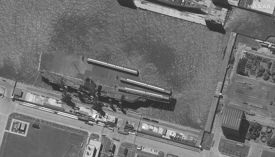 A satellite image shows an overview of a CV-18 Fujian aircraft carrier, in Shanghai, China, 18 June 2022. (Maxar Technologies/Handout via Reuters)