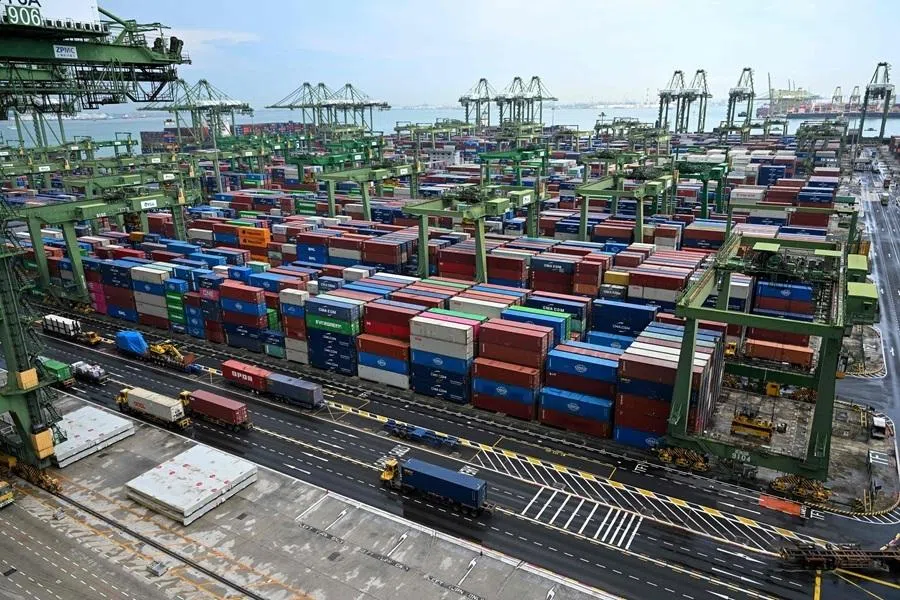 This photo shows a general view of containers at the Pasir Panjang port terminal in Singapore on 1 June 2026.