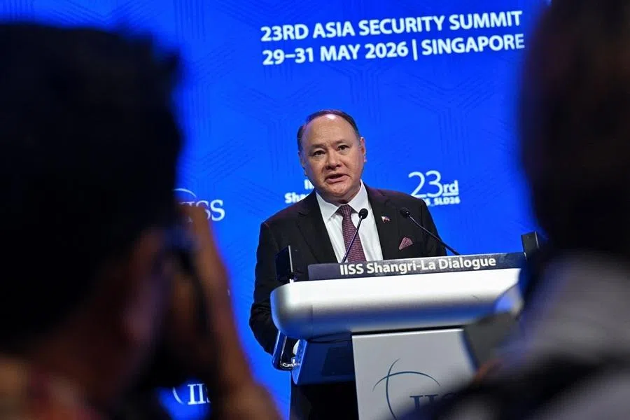 Philippine Defence Secretary Gilberto Teodoro Jr speaks at the IISS Shangri-La Dialogue security summit in Singapore on 31 May 2026.