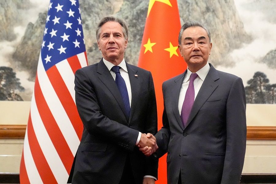 US Secretary of State Antony Blinken, left, meets with China’s Foreign Minister Wang Yi at the Diaoyutai State Guesthouse, on 26 April 2024, in Beijing, China. (Mark Schiefelbein/Reuters)