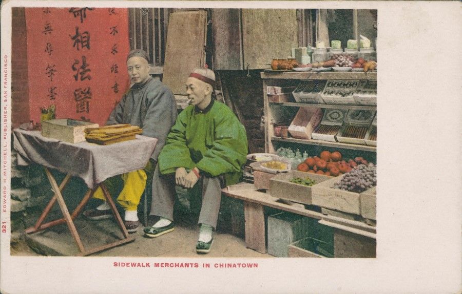 A US postcard from the 1930s, showing a fruit stall in Chinatown.