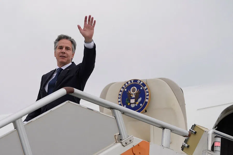 US Secretary of State Antony Blinken waves as he prepares to depart Shanghai Hongqiao International Airport en route to Beijing, on 25 April 2024. 
