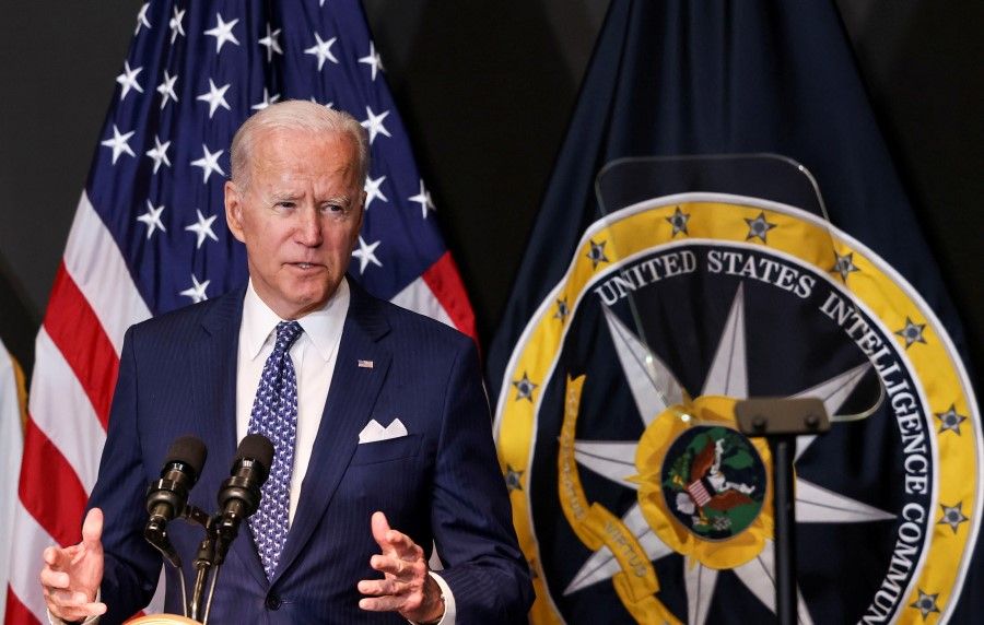 US President Joe Biden delivers remarks to members of "the intelligence community workforce and its leadership" as he visits the Office of the Director of National Intelligence in nearby McLean, Virginia outside Washington, US, 27 July 2021. (Evelyn Hockstein/Reuters)